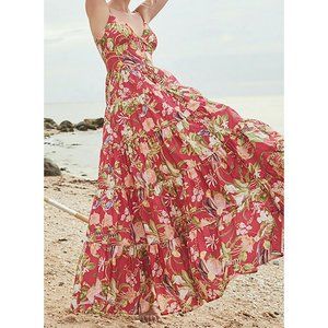 Cara Cara Tropical Birds Print Nathalie Maxi Dress Raspberry Red Cotton Floral M